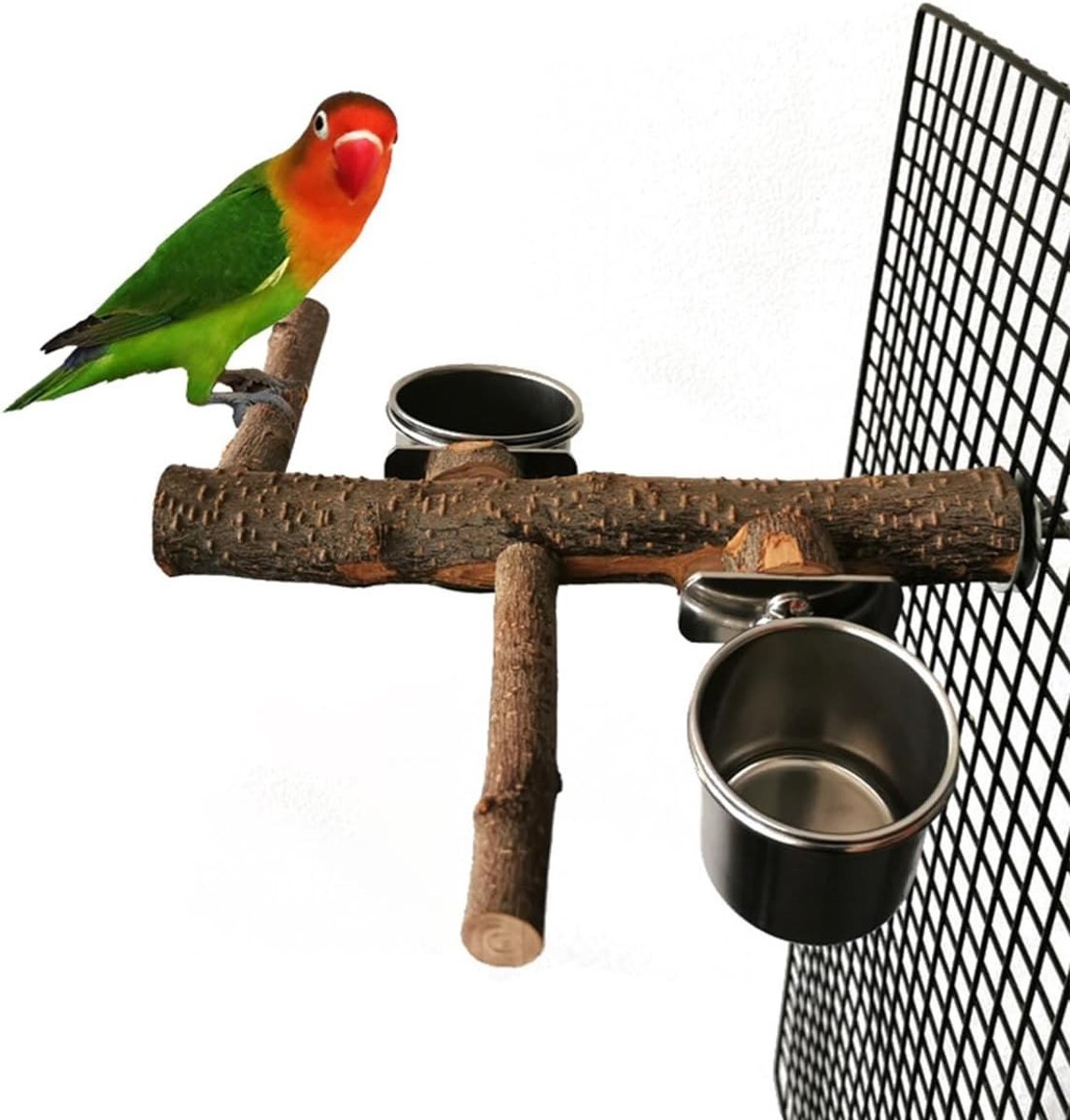 Voederbak voor vogels van roestvrij staal met natuurlijk houten zitstokplatform voor parkieten, cockatiels, en andere kleine vogels