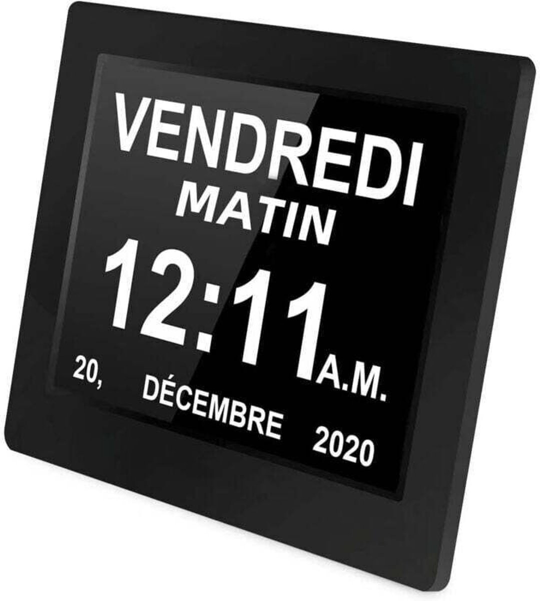 Een 8-inch digitale klok geschikt voor een groot scherm geschikt voor hoge resolutie waarop de datum, maand en dag van de week worden weergegeven. Gemaakt van kunststof geschikt voor een helderheid van 300 lumen.