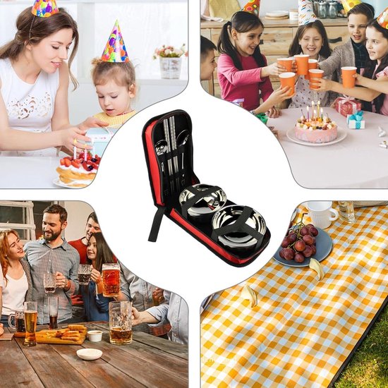 Reisbestek Set - Kampeer Servies - Buiten Eten - Roestvrij Staal - 1 Set - Rood — afbeelding 2
