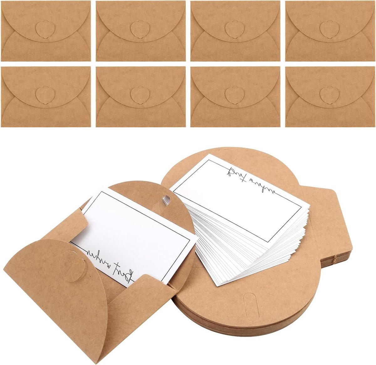 Creatieve Mini Enveloppen Set van 30 Stuks met Lege Kaarten voor DIY Cadeaukaarten en Uitnodigingen in Retro Kraft Papier met Hartsluiting