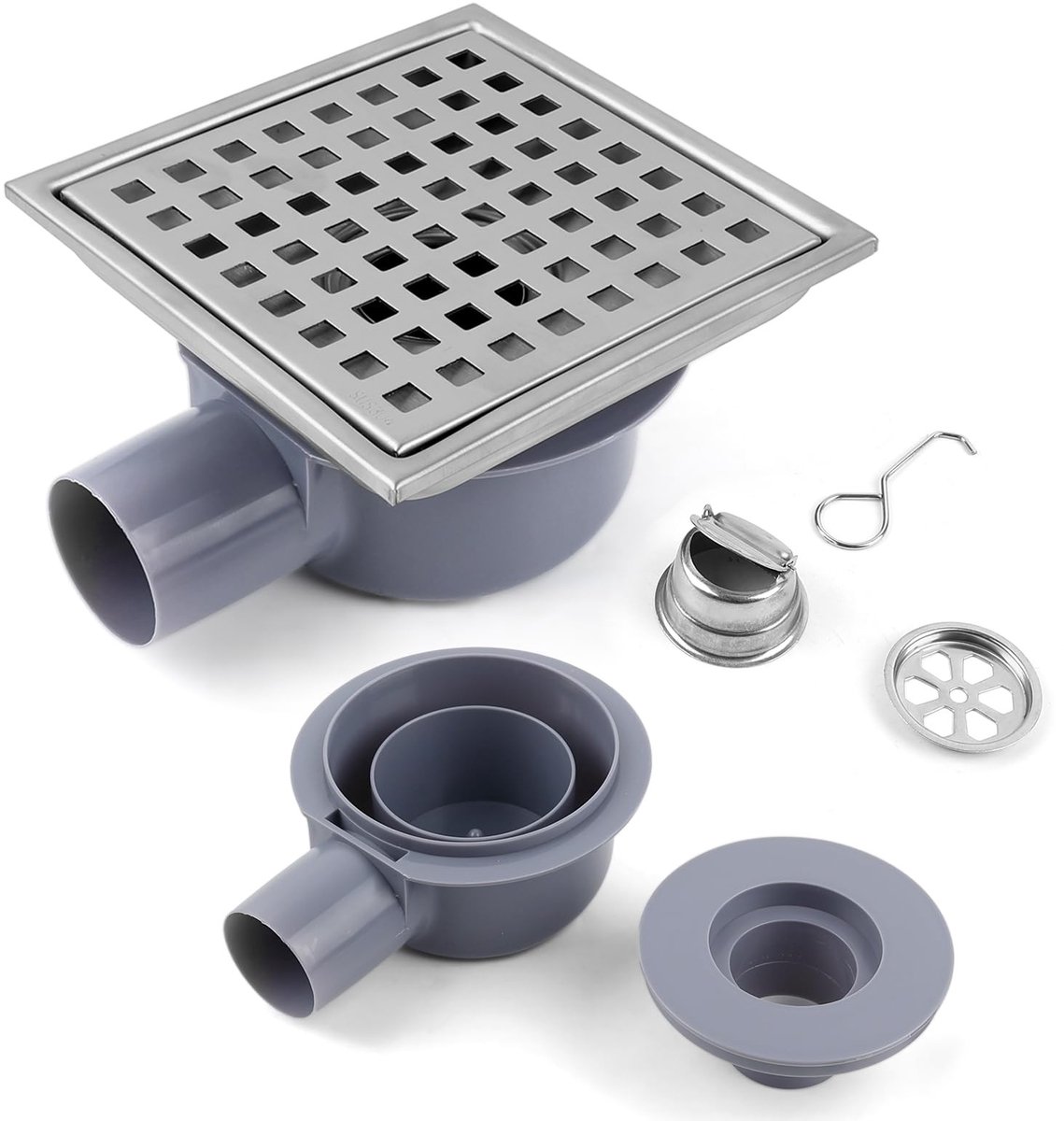 Dailygoods- Doucheafvoer Roestvrij Staal 15x15 cm - Douchegoot - Afvoerputje Buiten - Afvoerputje Douche - Doucheafvoerkap Haarvanger - 360° Sifon