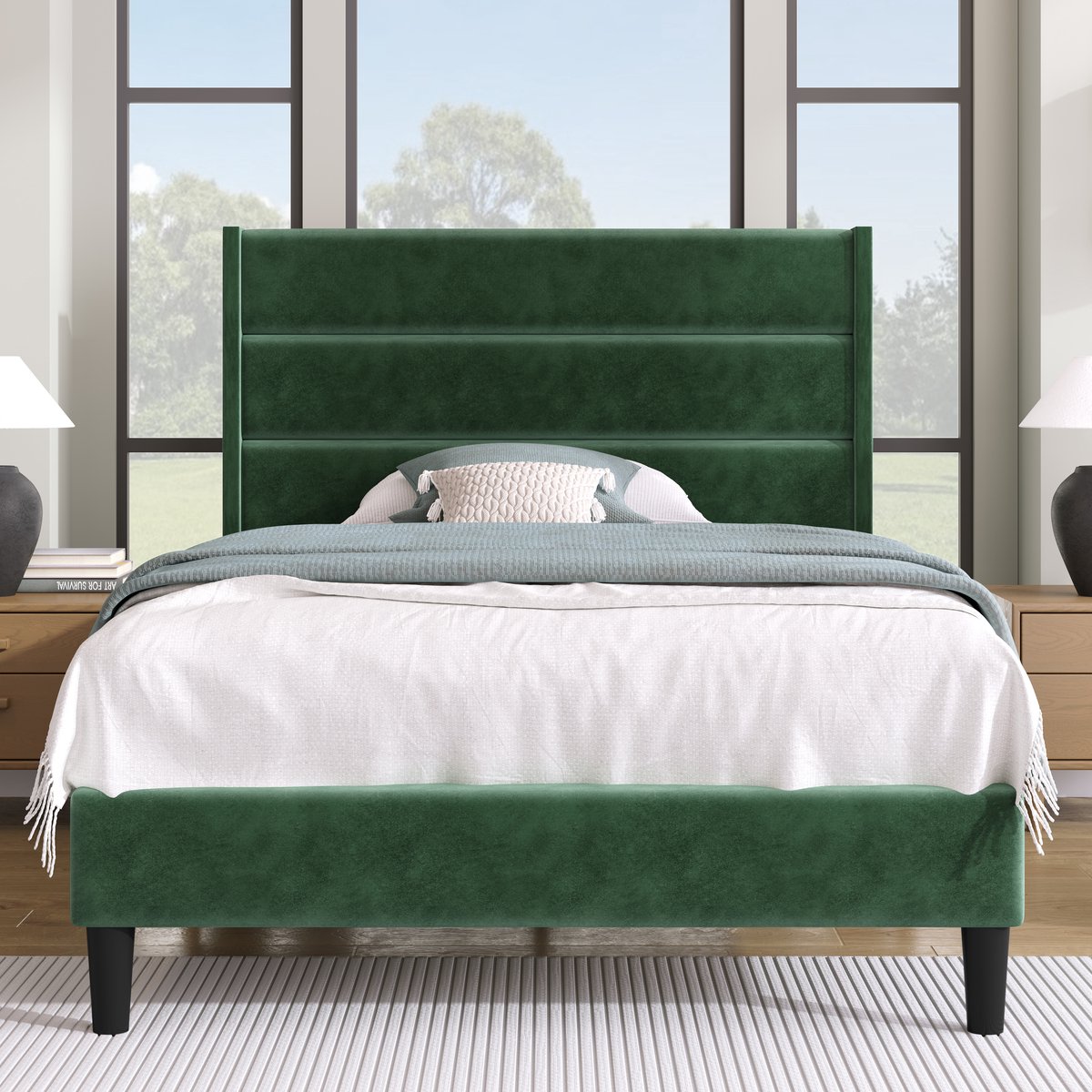 Donkergroen fluweel houten eenpersoonsbed met matras voor slaapkamer en gastenkamer 209×96×111CM