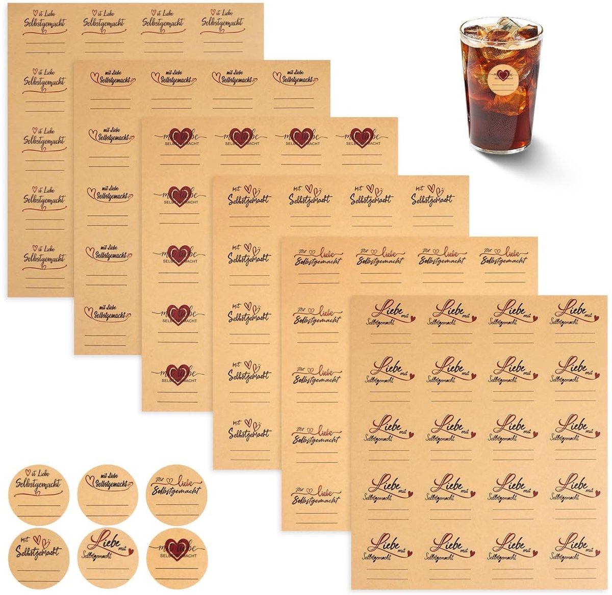 Dailygoods- Zelfklevende Etiketten 720 Stuks - Kraftpapier - Ronde Labels 38 mm - 6 Ontwerpen - Eco-vriendelijke Kleeflaag - Voor Potten en Cadeaus - Label