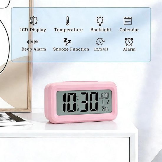 Digitale Wekker - Tafelklok Batterij - Wakker Worden - Groot LCD Scherm - 4.5 Inch - Roze — afbeelding 5