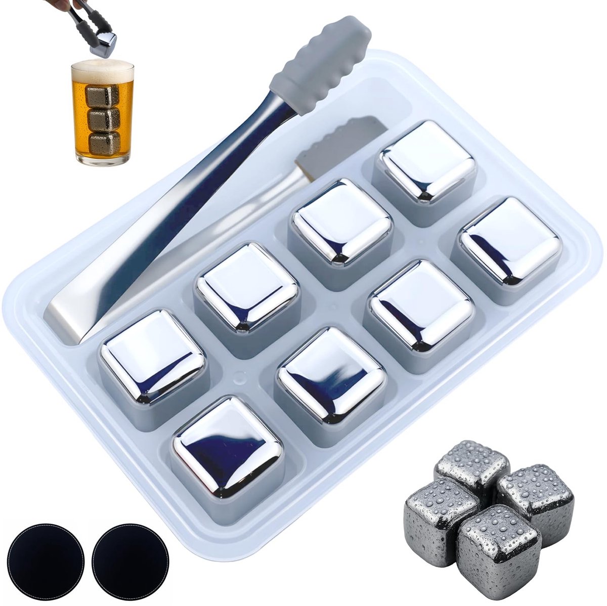 Dailygoods- IJsblokjes Set van 8 - Roestvrij Staal - Herbruikbare IJsblokjesstenen - Inclusief Tang - Met 2 Onderzetters - Voedselveilig 304 Staal - Koelstenen