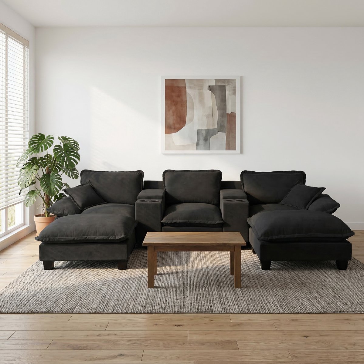 STILVORA U-Bank 323 x 151 cm - Met Usb, Opbergruimte En Bekerhouders - Voor Woonkamer En Appartement - Chenille Zwart