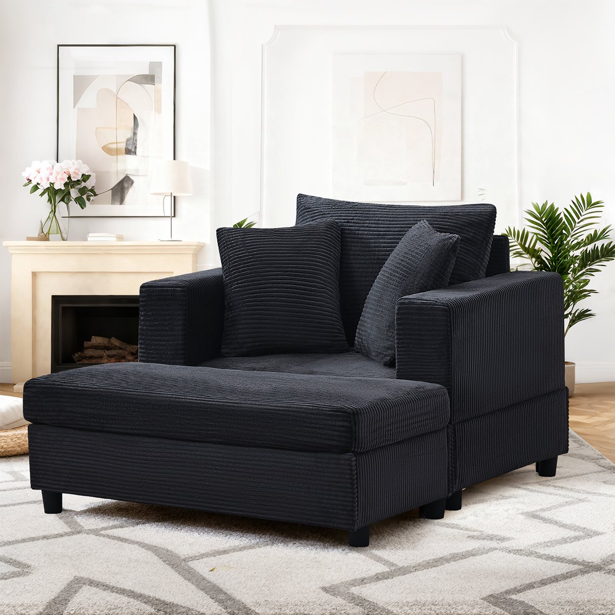 STILVORA Chaise Longue 1-Zits - Met Voetsteun En Opbergruimte - Voor Woonkamer En Slaapkamer - Metaal Hout En Koordstof - Zwart