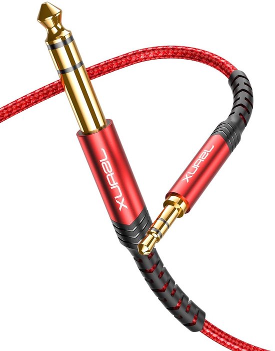 Rode audiokabel met gouden 6.35mm en 3.5mm stekkers.