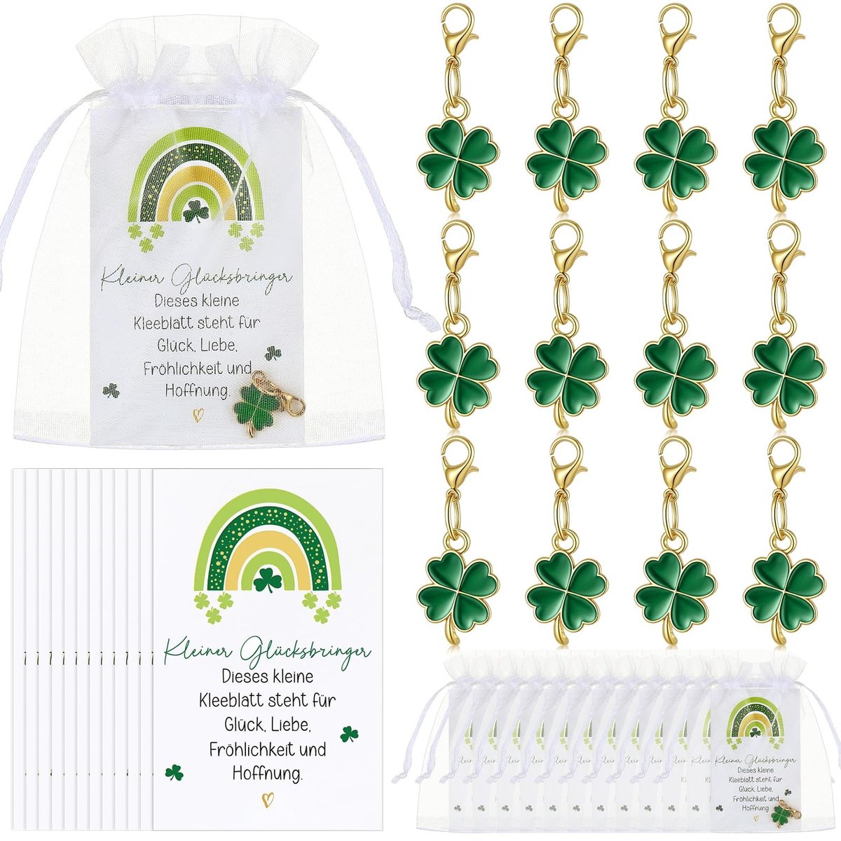 Dailygoods- Sleutelhanger Geluksbrenger - 12 Sets Klaverblad - Wenskaart - Organza Zakjes - Afscheidsgeschenk - Cadeau voor Elke Gelegenheid