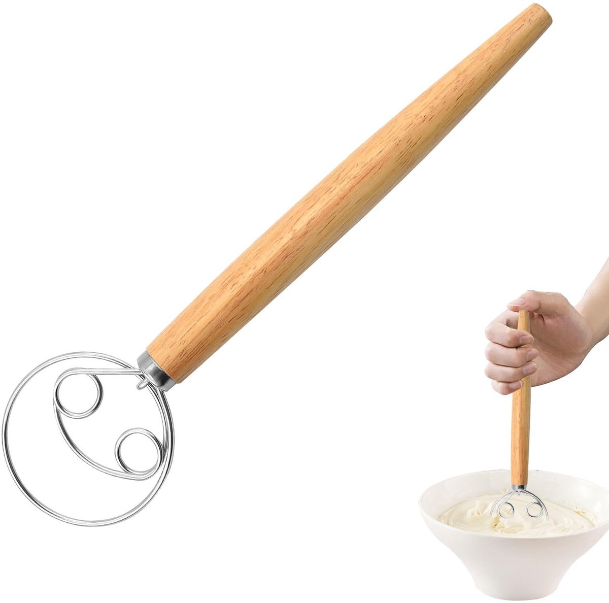Dailygoods- Deeggarde van roestvrij staal - Keukenbezem - Houten handvat - Mixer voor brood - 33,7 cm - Duurzaam ontwerp - Deegmixer