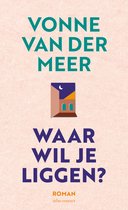 Boekcover 'Waar wil je liggen' van Vonne van der Meer. Titel in groen en paars op een perzikroze achtergrond.