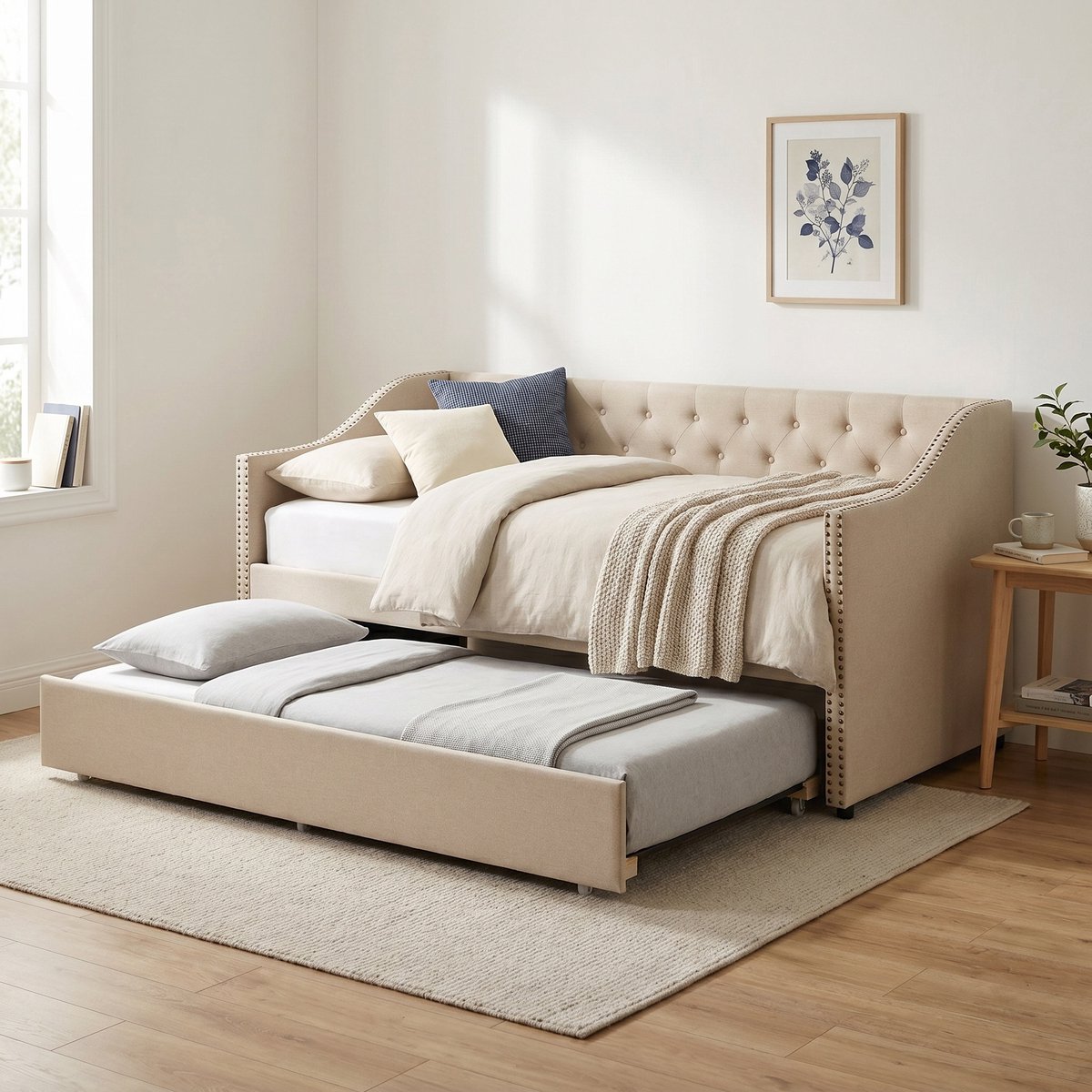 Bedbank - Uitschuifbed - Slaapbank - Daybed - 90x200 cm - Gestoffeerd bed - Linnen - Beige