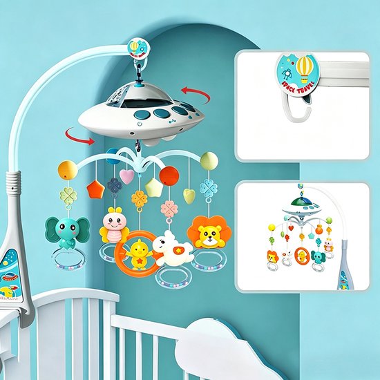 UFO-mobiel voor het kinderbedje - Draaiende muziekmobiel met hangende rammelaars - educatief en rustgevend speelgoed voor baby's van 0 tot 1 jaar - Starry Blue — afbeelding 3