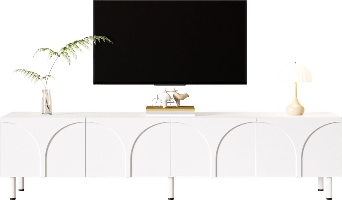 TV-Meubel - 4 Deuren - 3D Golfdesign met 2 Opbergvakken - Hout en Metaal - Naturel