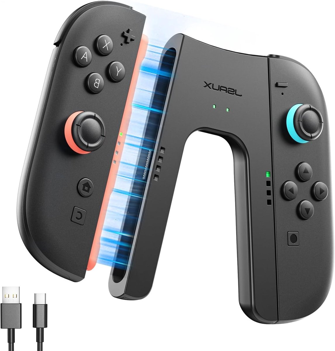Oplaadbare grip voor Switch 2, magnetische controller voor JoyPad, spelen en opladen met LED-indicator en 1,5 m oplaadkabel - zwart, gamingaccessoires voor Nintendo Switch