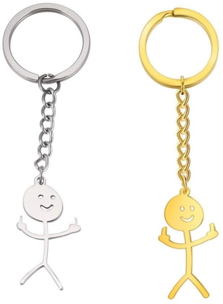 Dailygoods- Sleutelhanger 2 Stuks - Finger Stickman - Leuke Dolly - Auto Hanger - Geschenk - Zilver/Goud - Sleutelring
