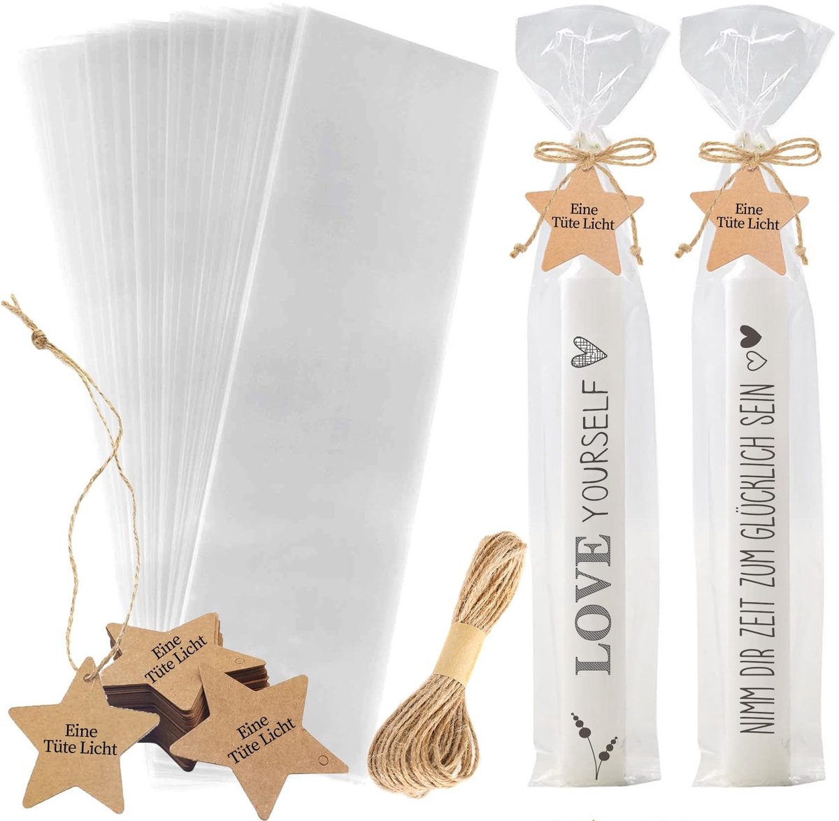 Dailygoods- Cellofaanzakjes Hoogwaardig - 100 Stuks - Transparant - Kraftpapieren Hangers - Jute Koord - Duurzaam Materiaal - Geschenkzakjes