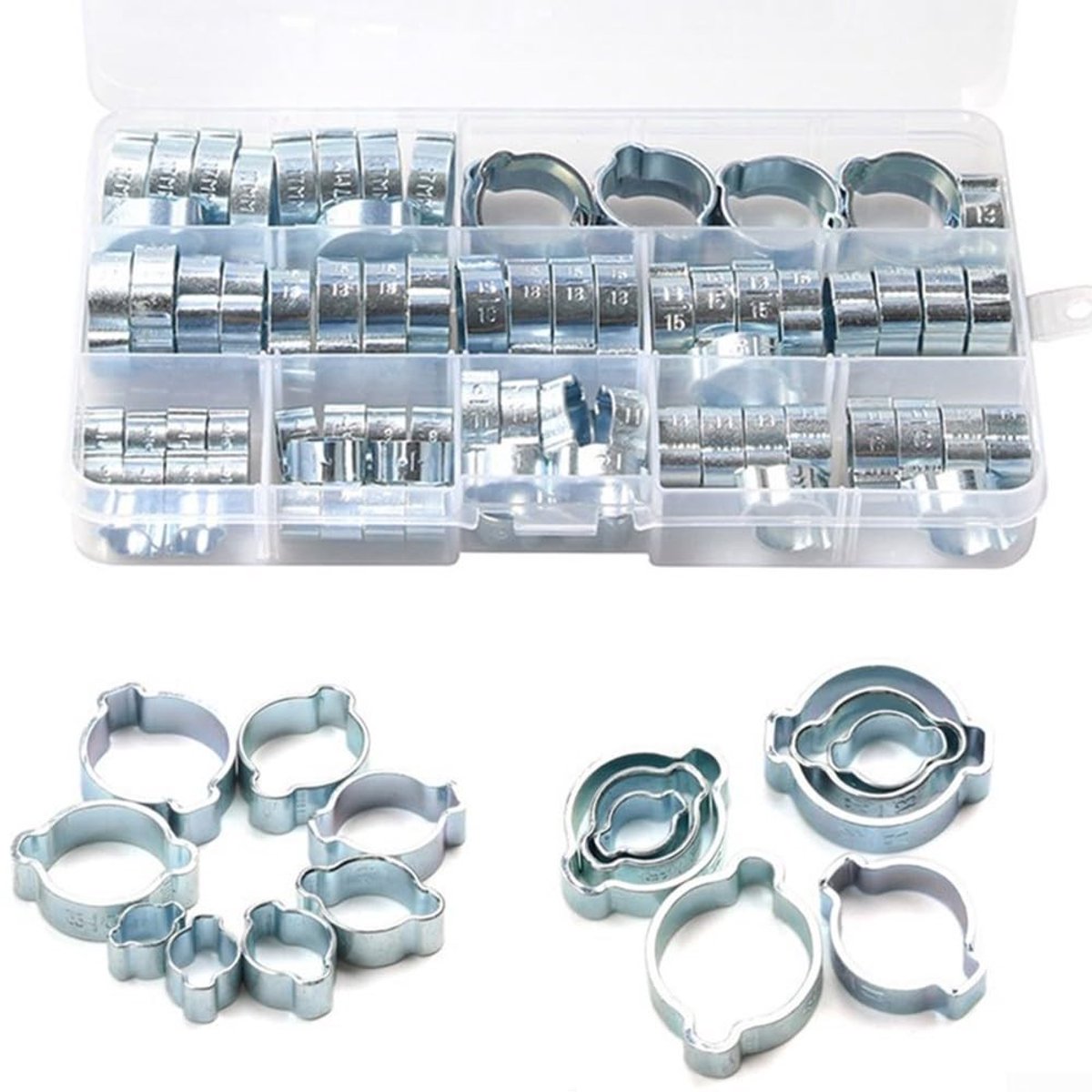 Dailygoods- Slangklem 80 Stuks RVS - Slangklemmen Assortiment - DoubleEar Klem - Corrosiebestendig - 360° Afdichting - Duurzaam en Hoogwaardige Materialen - Buisklem