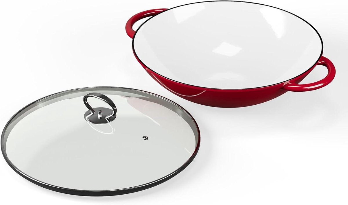 Gietijzeren Wokpan - Gecoate Pan - Veelzijdig Koken - Geschikt voor Elke Kookplaat - 46cm Breed - Rood