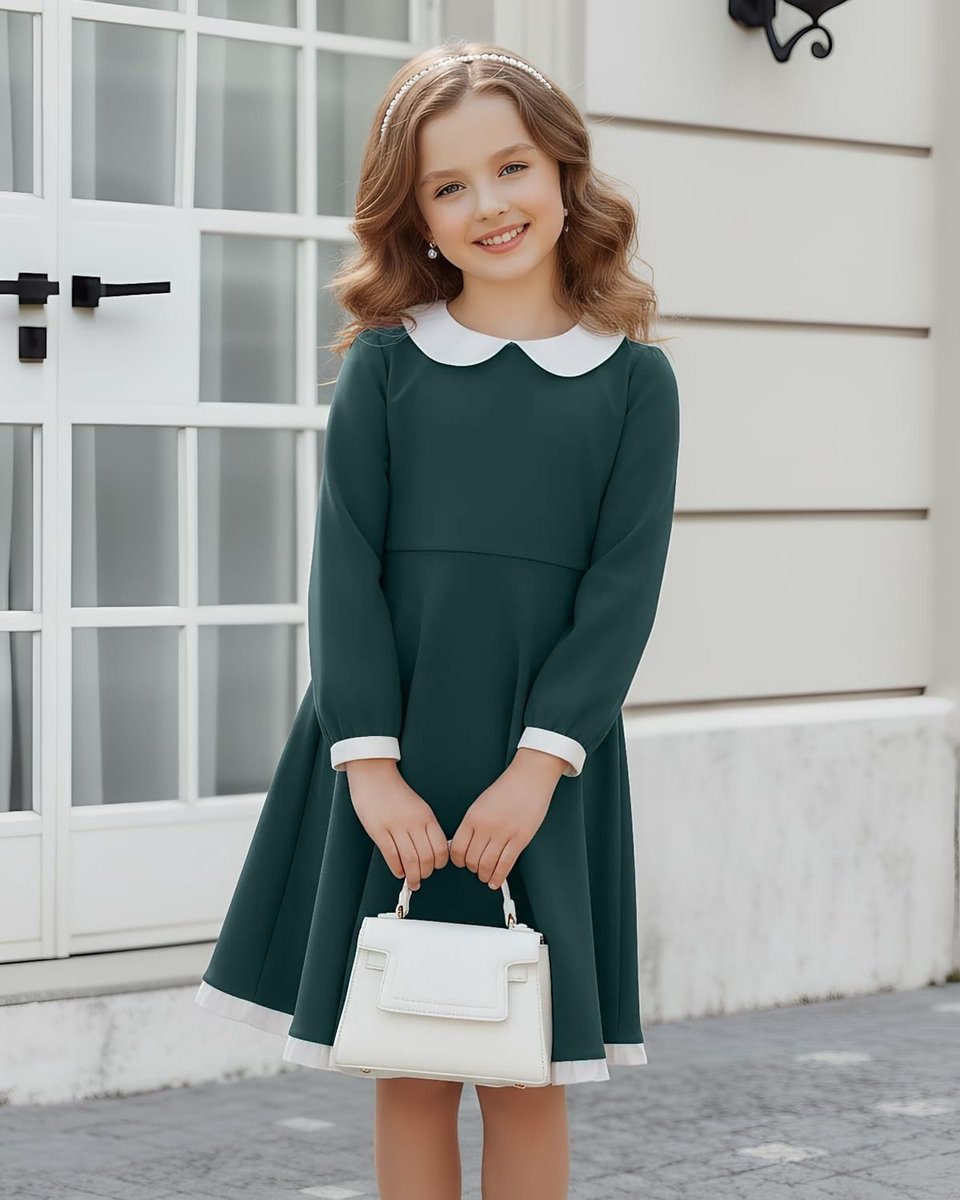Elegante meisjes skater jurk met lange mouwen en Peter Pan-kraag voor Halloween en Kerst, met zakken voor kinderen van 4-12 jaar