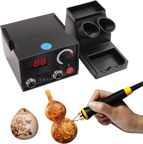 Houtbrander Set - Pyrografie Machine - Hout Bewerken - Instelbare Temperatuur - 20 Veren - Zwart — afbeelding 2