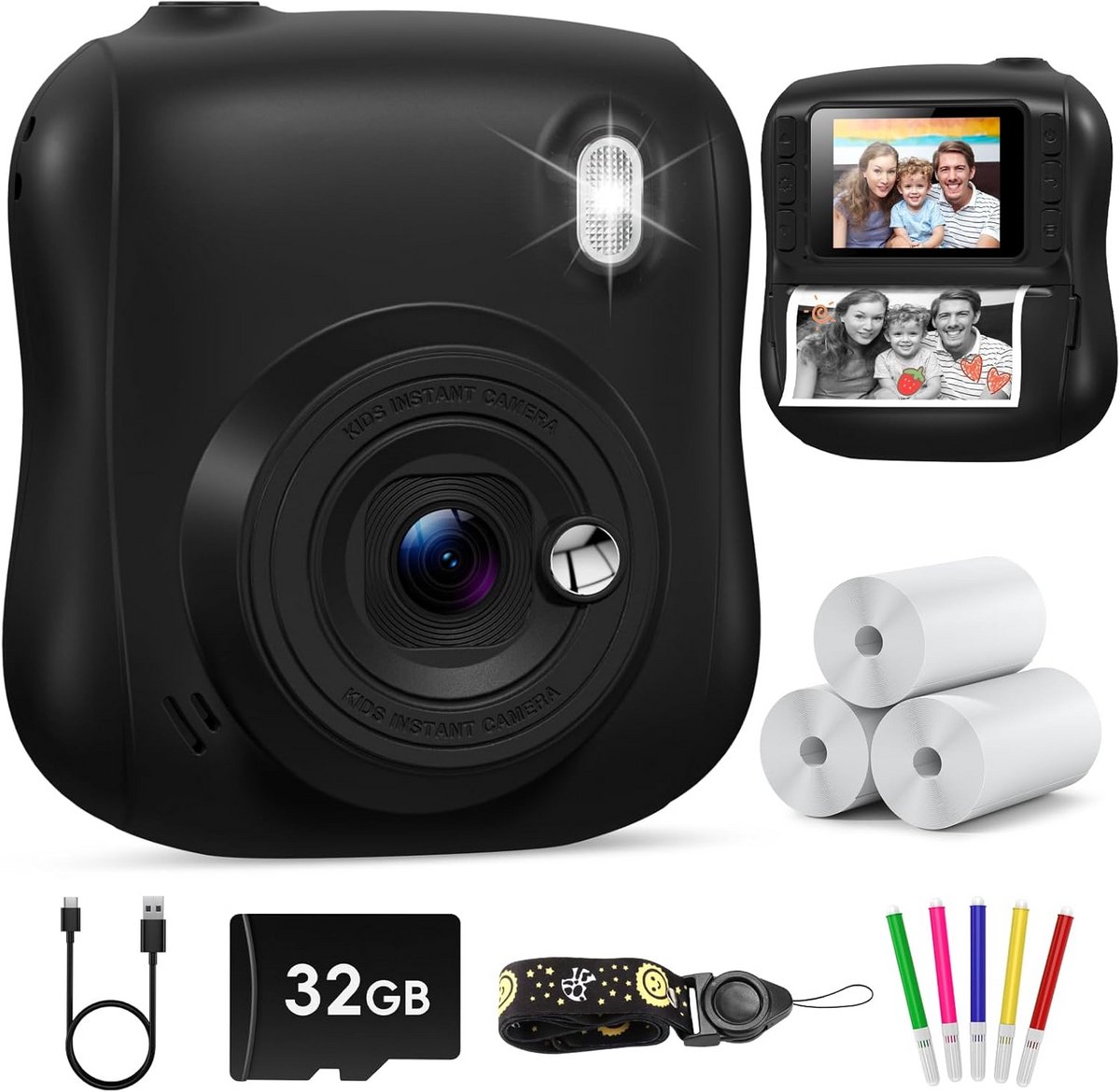 Kindercamera Direct Print - Speelgoed Camera - Foto's Maken - Inclusief 32GB Kaart - 2.0 Inch Scherm - Zwart
