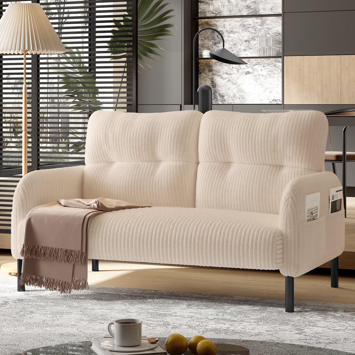 Corduroy tweezitsbank met hoge rugleuning - voor woonkamer, slaapkamer of kantoor - 2 personen - diverse kleuren - zachte corduroy bekleding - metalen poten - geïntegreerde zijvakken