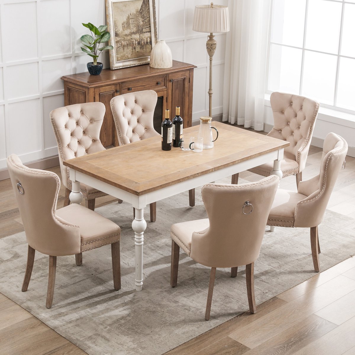Wishdor Eetkamerstoel - Fluwelen Bekleding - Verstelbare Stoelpoten - Ringgreep Op De Rugleuning - Beige - Set Van 6