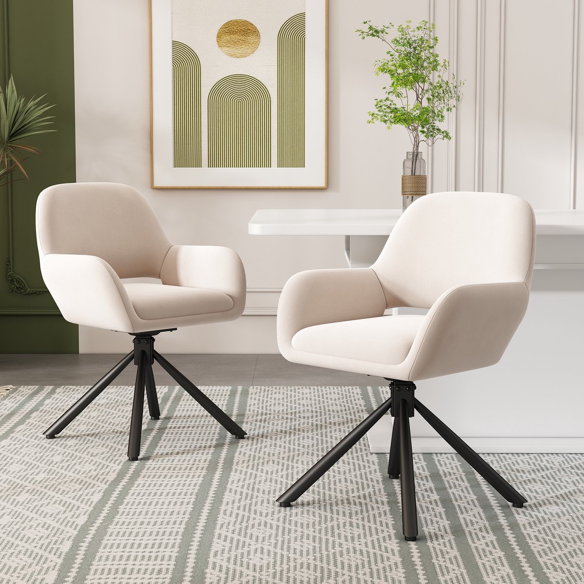 Wishdor Eetkamerstoelenset - Draaibaar Met Armleuningen - Moderne Eenvoudige Stijl - Zachte Fluwelen Bekleding - Beige - Set Van 2