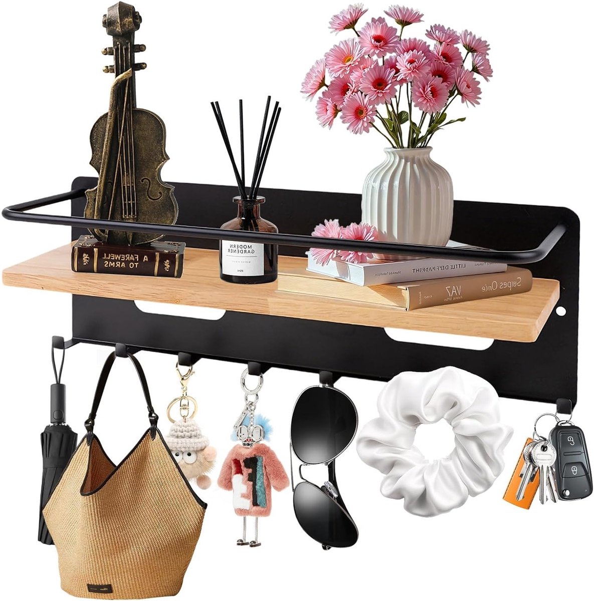 Houten Sleutelhanger met Plank en 8 Haken, Multifunctionele Wandbeugel voor Sleutels, Ideaal voor Hal, Entree en Woonkamer
