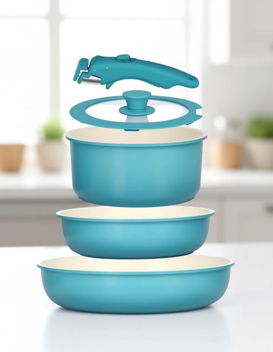 ElleMooi 5-delige pannenset met afneembare handgreep - Antiaanbaklaag - Stapelbaar kookgerei - Geschikt voor inductie en oven - 26cm koekenpan, 20cm koekenpan, 18cm pan met siliconen deksel (blauw verloop)