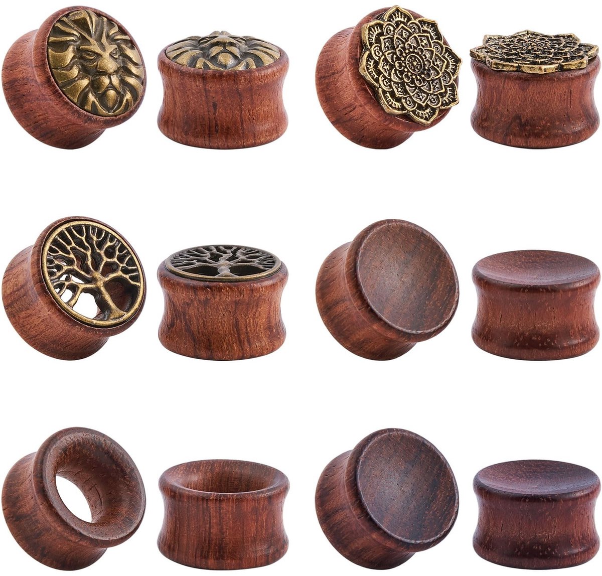 SOUQONE- Oorexpanderpiercing 6 Paar - Houten Oorpluggen - Dubbel Uitlopend - Oortunnel 10-20 mm - Hoogglans Gepolijst - Duurzaam en Aangenaam Draagcomfort - Oorexpanders