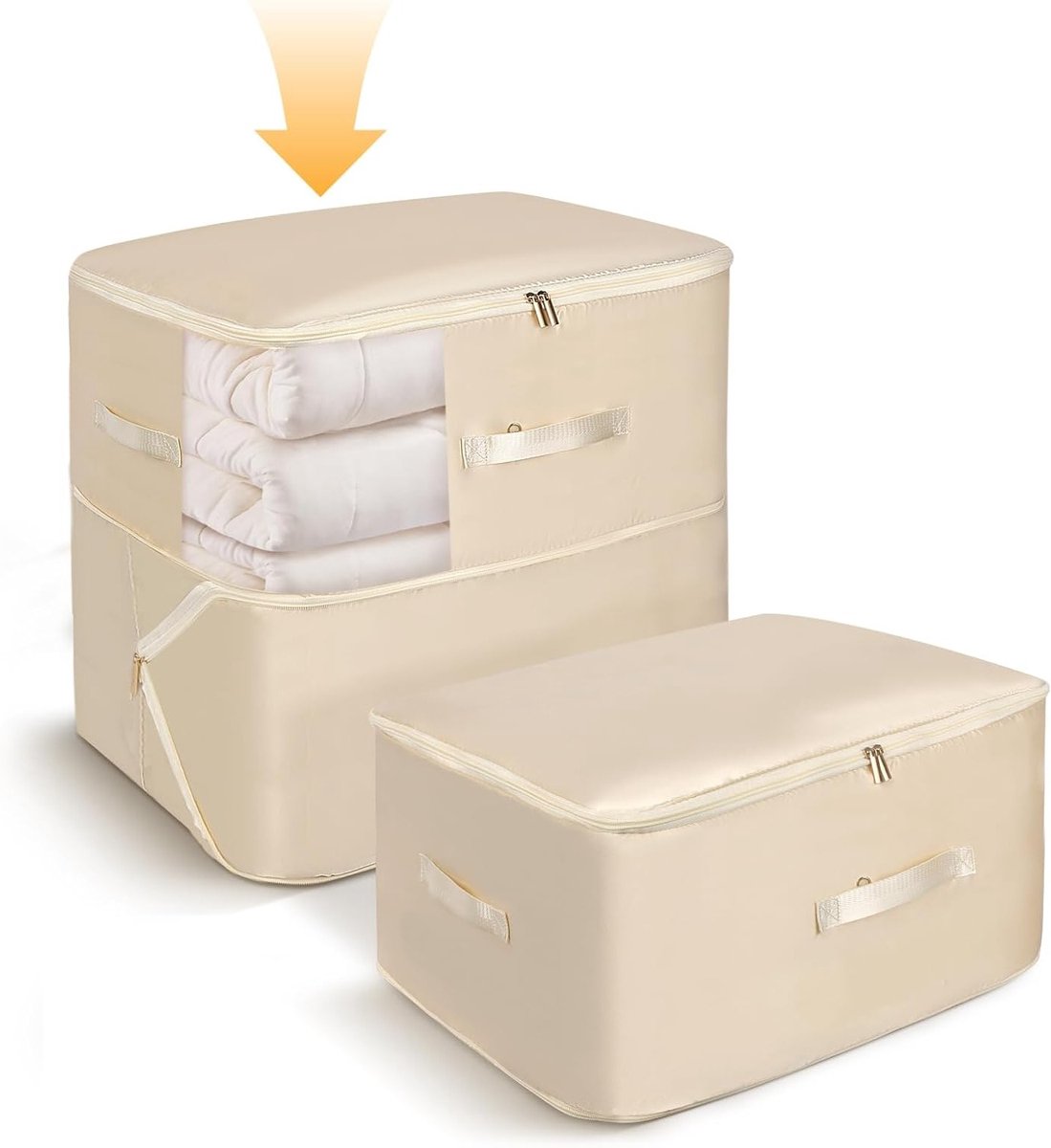 Opbergoplossing voor Dekbedden en Kleding, Zelfcompressie Organizer met Rits, Beige, 2 Stuks, Ideaal voor Ruimtebesparing en Kledingopslag