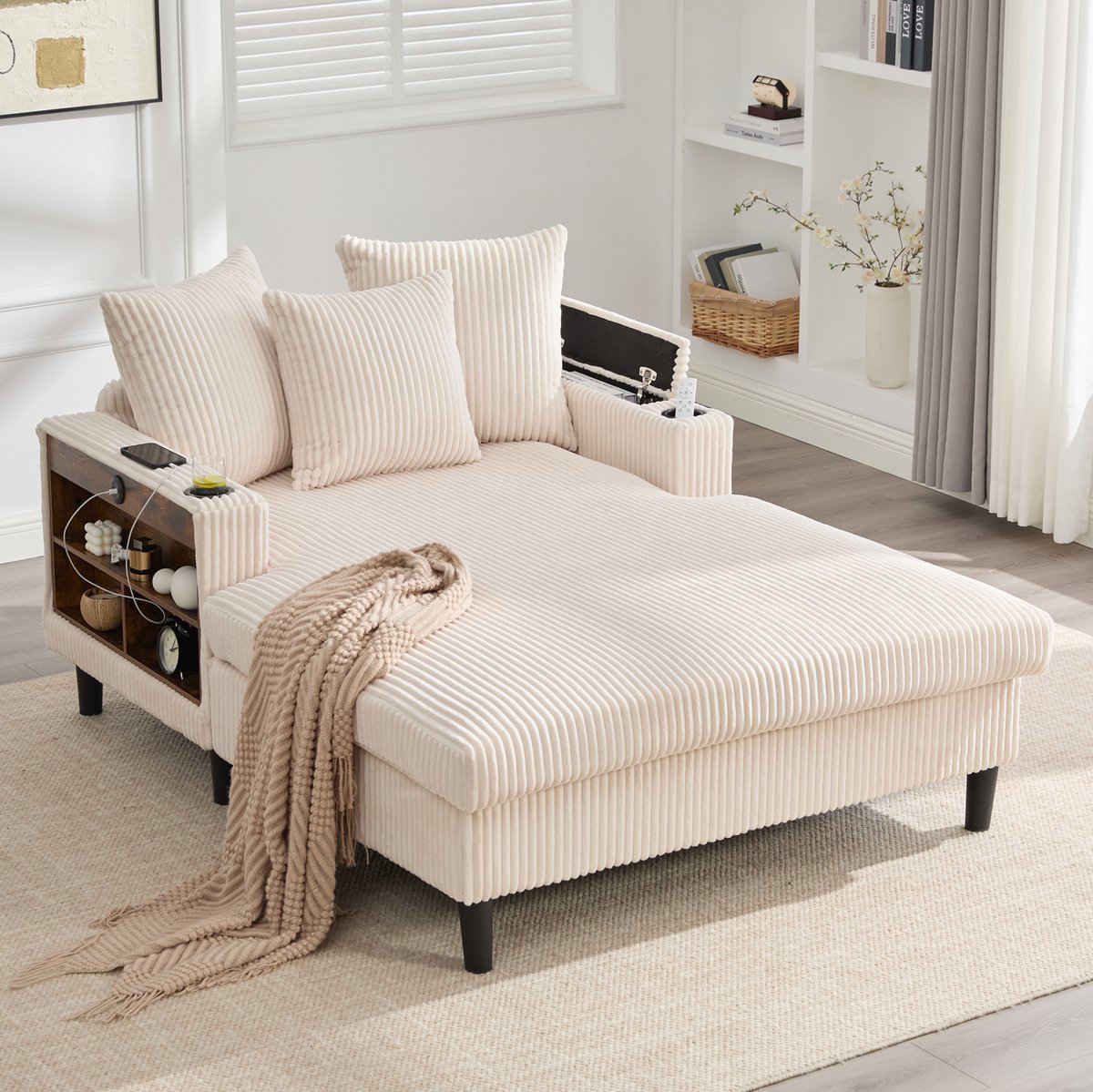 HAUSS SPOLE Chaise Longue - Loungesofa Met Led, Usb, Opbergruimte En Bekerhouders - Voor Woonkamer En Balkon - Cordfluweel Beige