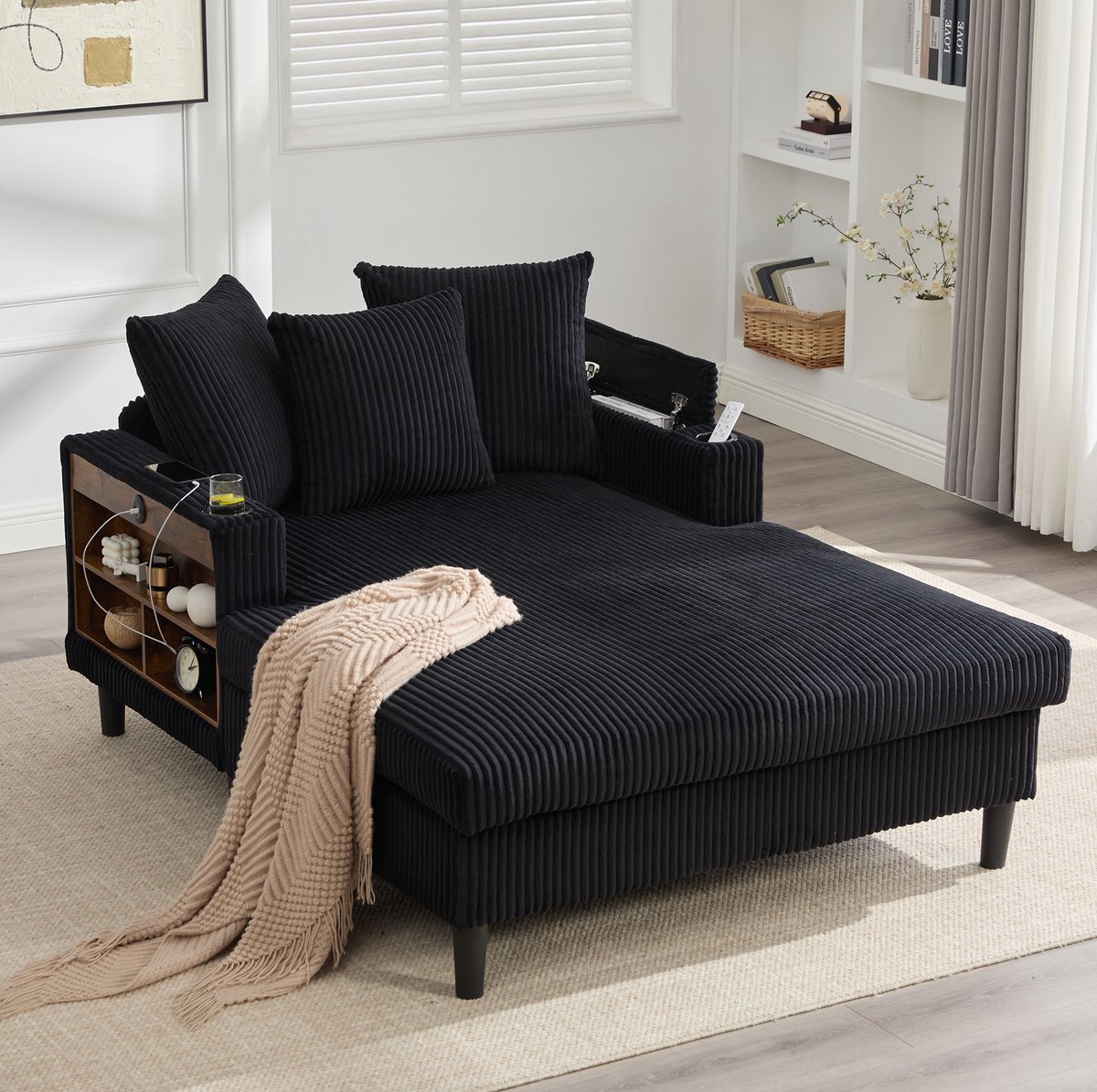 HAUSS SPOLE Chaise Longue - Loungesofa Met Led, Usb, Opbergruimte En Bekerhouders - Voor Woonkamer En Balkon - Corduroy Zwart