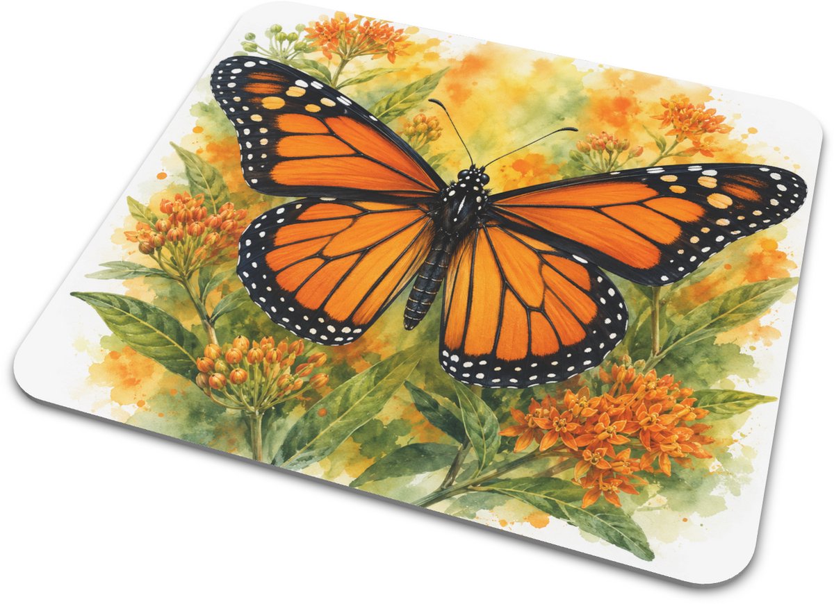 Muismat Monarchvlinder - Vrolijke Aquarel Illustratie met Oranje Vlinder en Bloemen - Kleurrijke Muismat Onderlegger voor Thuiswerk en Bureau