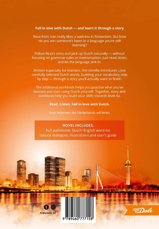 Achterkant van het boek 'Nieuw in Nederland' met een beschrijving en de skyline van Rotterdam.
