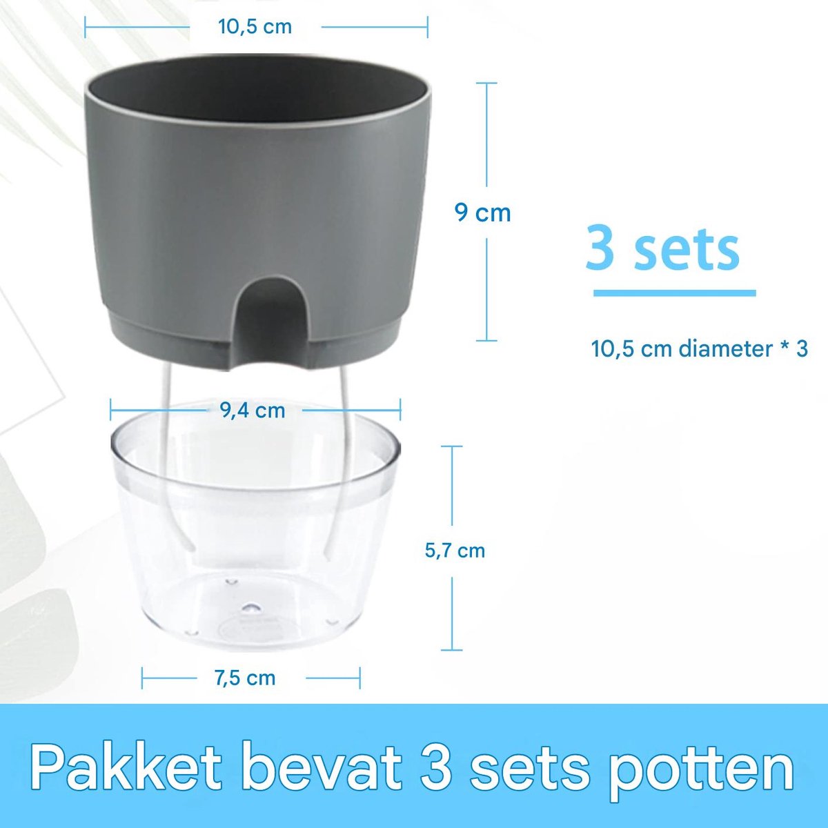 carmdering - Zelfwaterende Bloempot - Automatische Plantenbak - Binnen En Buiten Pot - Transparant Waterpeil - Katoenen Docht Systeem - Duurzaam PP Kunststof - Vorstbestendig Design - Ideaal Voor Drukke levensstijl - 3 Stuks — cadeau in Wonen & Interieur - foto 3