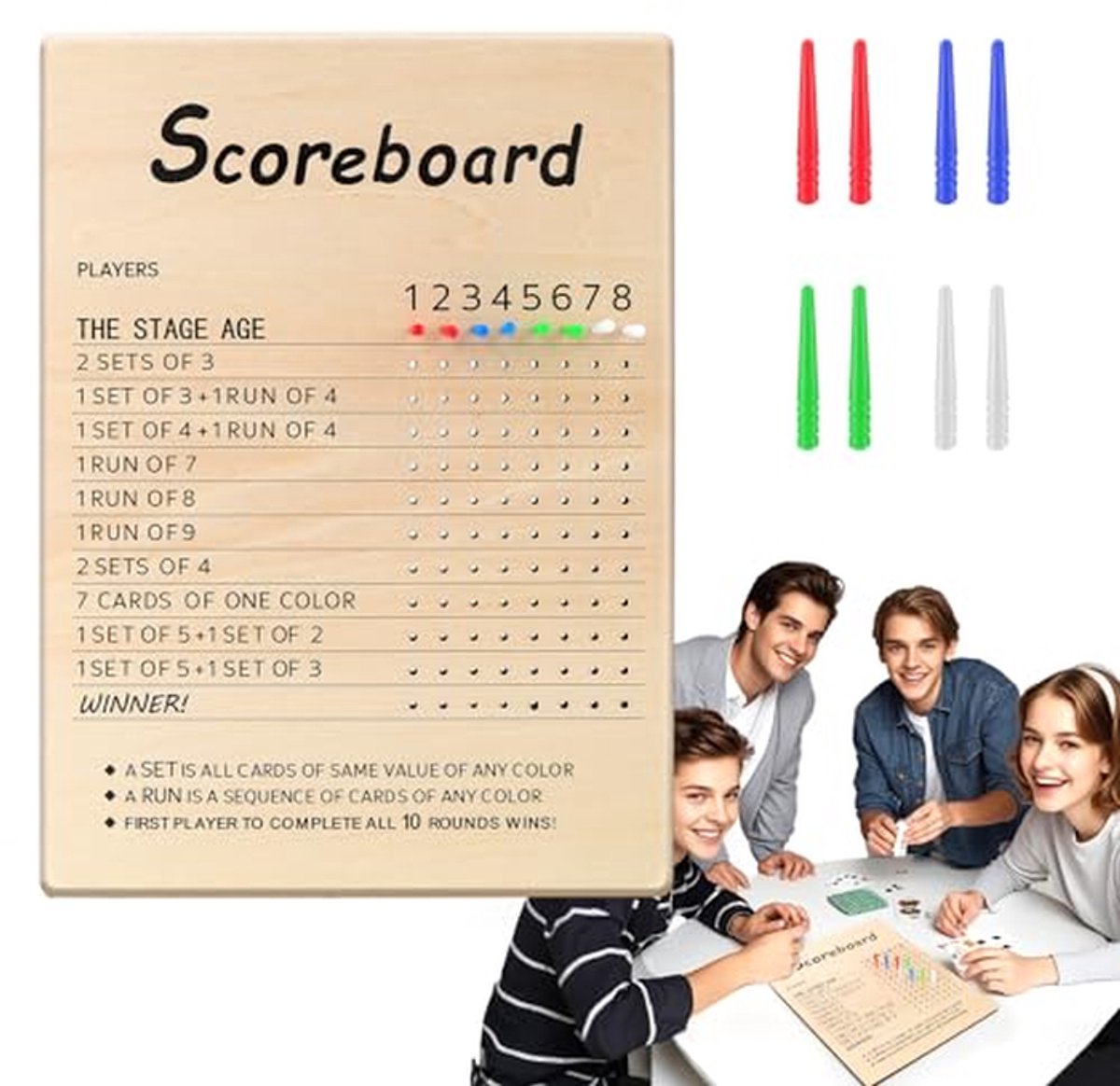 Houten Scorebord - Kaartspel Scorehouder - Score Bijhouden - Met 8 Kleurrijke Pinnen - 27.9 x 20.3 cm - Natuurlijk Hout
