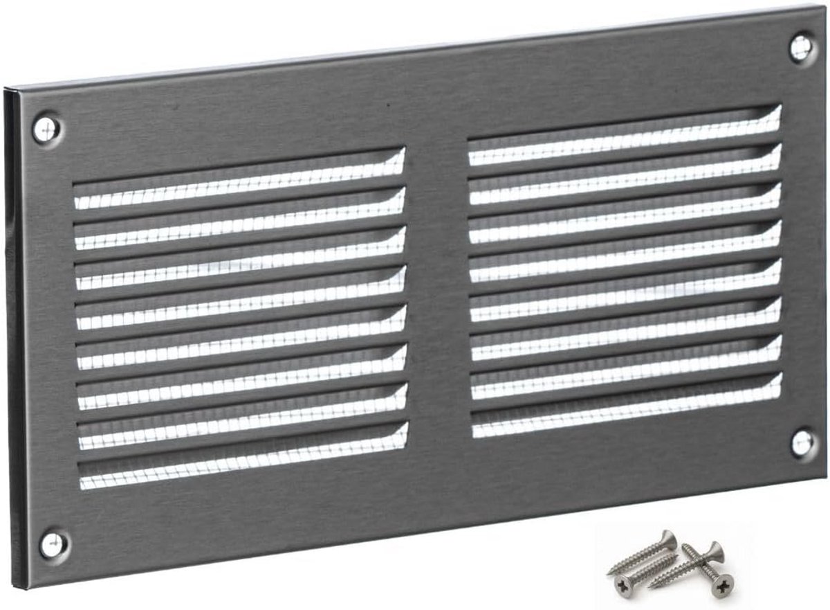 Ventilatie rooster - Roestvrij staal - Lucht doorlaten - Met insectenwering - 200 x 100 mm - Zilver