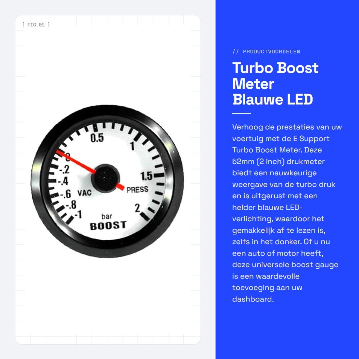 Dailygoods - Turbo Boost Meter - Blauwe LED - 52mm Formaat - Drukmeter voor Auto's - Ideaal voor Tuning - Prestatietuning