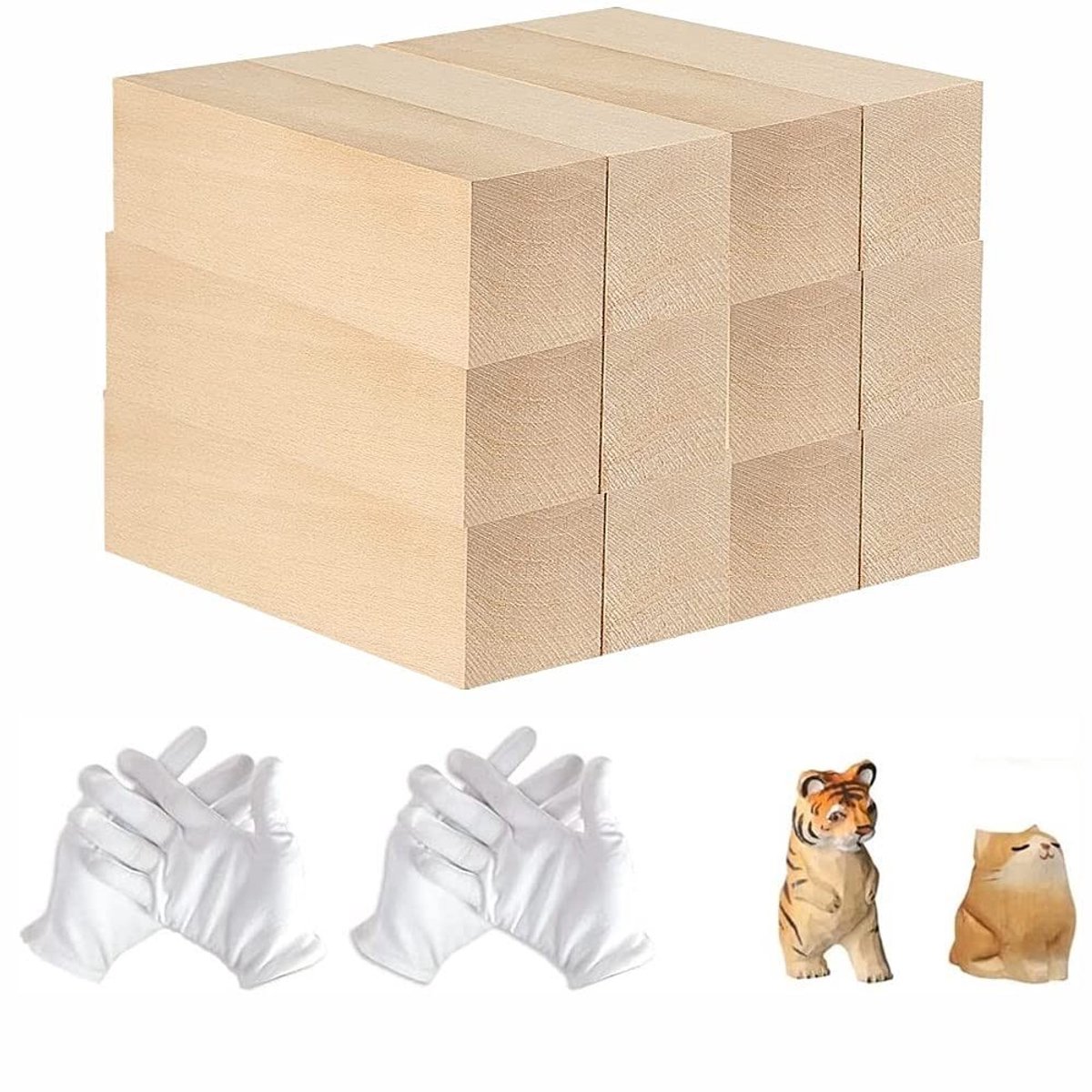 Dailygoods- Houtsnijblokken Set van 12 - Onbehandeld Lindehout - Ideaal voor Kinderen/Volwassenen - Doe-het-zelf Houtbewerking - Inclusief 2 Paar Witte Handschoenen - Glad Oppervlak - Snijhout