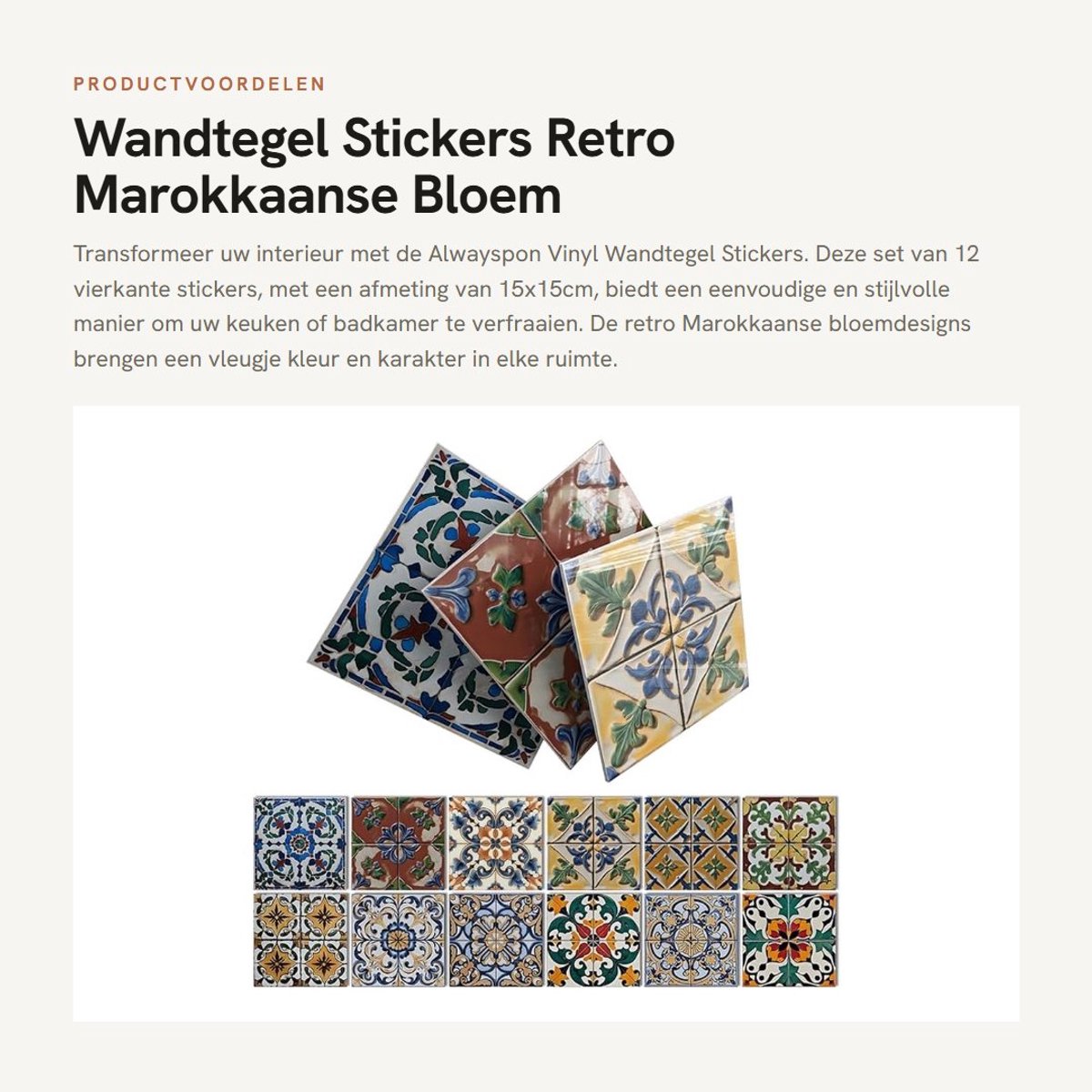 Dailygoods- Wandtegelstickers 12 Stuks - Waterdichte Peel/Stick - Retro Marokkaanse Bloem - Muurstickers Keuken/Badkamer - Verwijderbaar - Vierkante Vorm