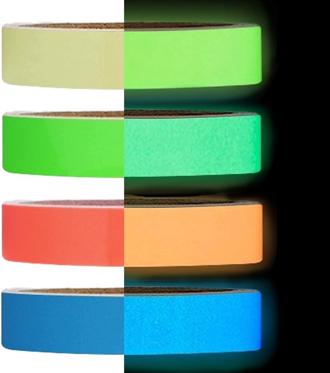 Dailygoods- Plakband Fluorescerend - 4 Rollen x 10 mm - Waterdicht - Zelfklevend - Creatief Ontwerp - Lichtgevend in het Donker - Fluorescerende Tape