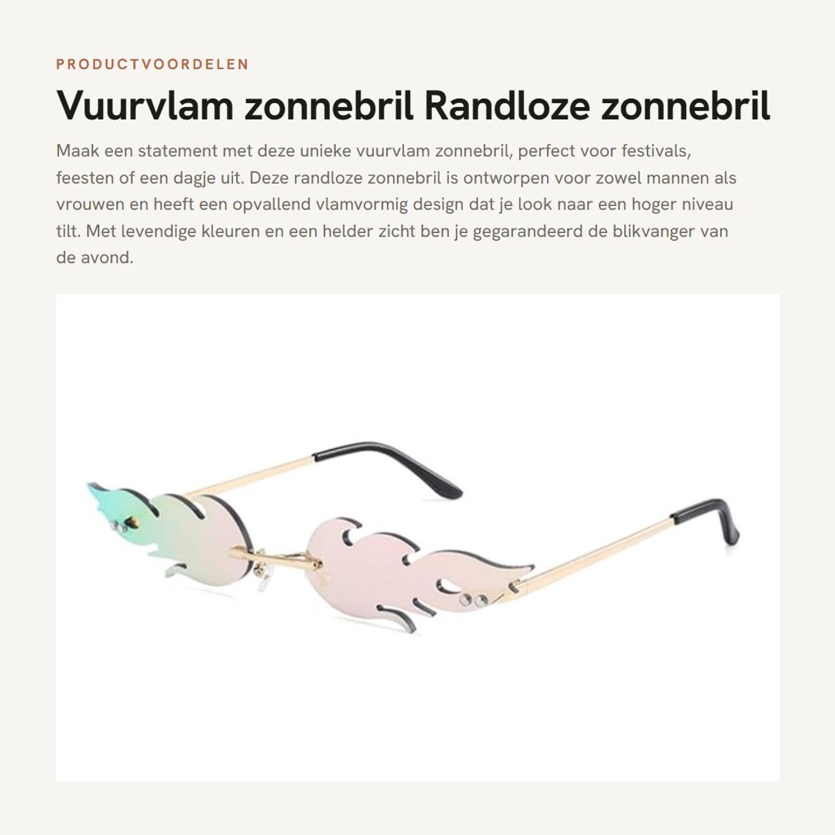 Dailygoods- Zonnebril Vuurvlam Design - Randloze Zonnebril - UV-bescherming - Feestzonnebril - Helder Metaal - 16 x 14 x 2,7 cm