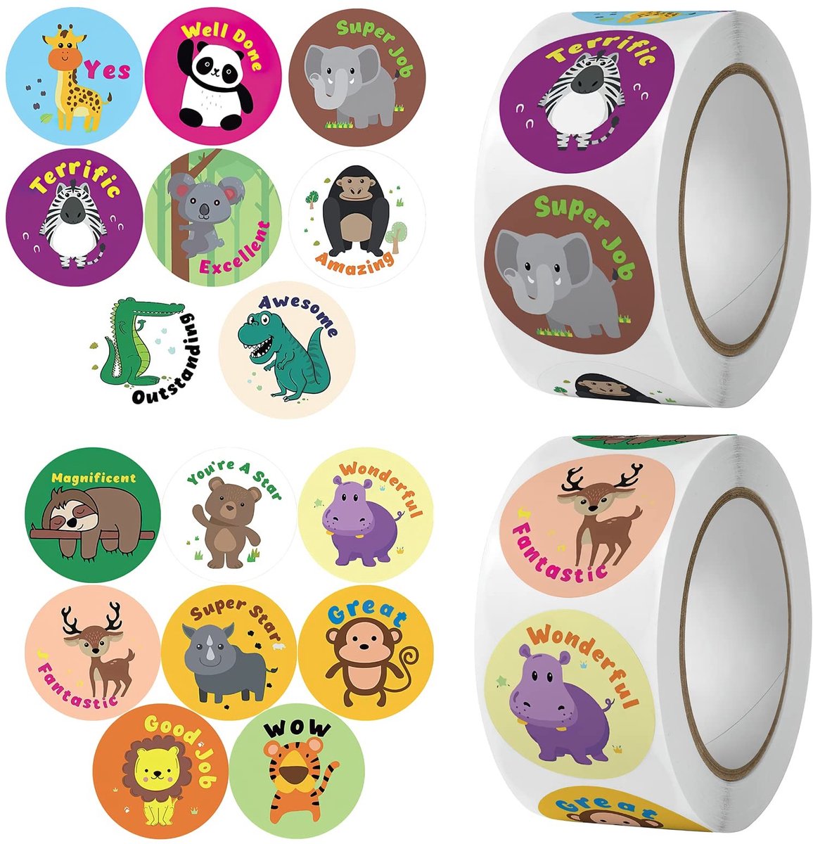 Dailygoods- Beloningsstickers 1000 stuks - Dierenpatronen - Zelfklevend - Lerarenbenodigdheden - Lofstickers - Hoogwaardig materiaal - Doorsnede 2,5 cm - Motivatiestickers