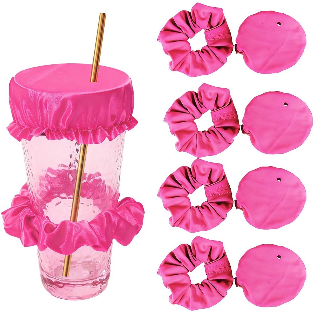 Dailygoods- Drankafdekkingen 4 Stuks - Herbruikbare Bekerdeksels - Rietjes-kopdeksels - Drankbeschermer Scrunchie - Lekvrije Deksel - Kanten Bescherming