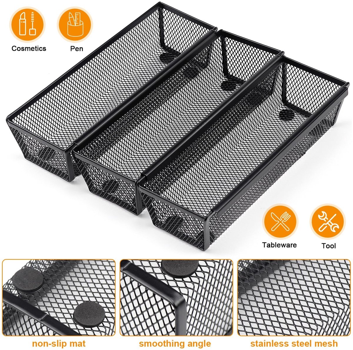 Dailygoods- Besteklade Uitschuifbaar - Bestekbak - Keukenkastorganizers - Besteklade 22.3x8x5 cm - Roestvrij Staal - Antislip Rubber Buffers - Bestekorganizer