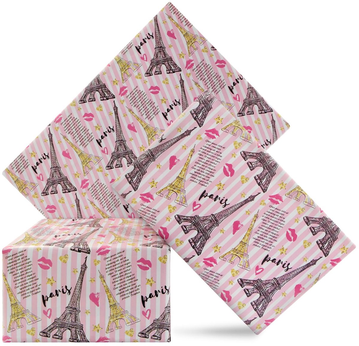 Dailygoods- Inpakpapier Eiffeltoren - 4 Vellen - 50 x 70 cm - Roze Achtergrond - Romantisch Thema - Perfect voor Verjaardag/Jubileum - Cadeaupapier