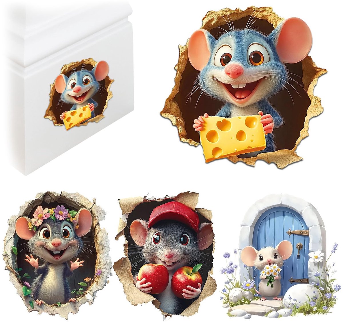 Dailygoods- Wandtattoo 4 Stuks - Muurstickers Kinderen - 3D Cartoon Muis - Afneembaar - Zelfklevend - Waterdicht - PVC Materiaal - Muursticker